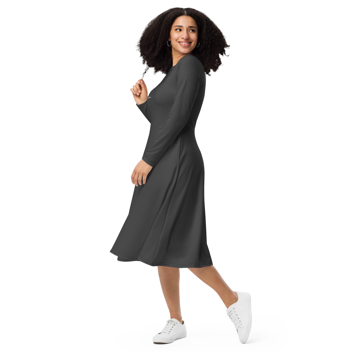ATTITUDE. All-over print long sleeve midi dress with pockets. NO NONSENSE DESIGN. Charcoal.