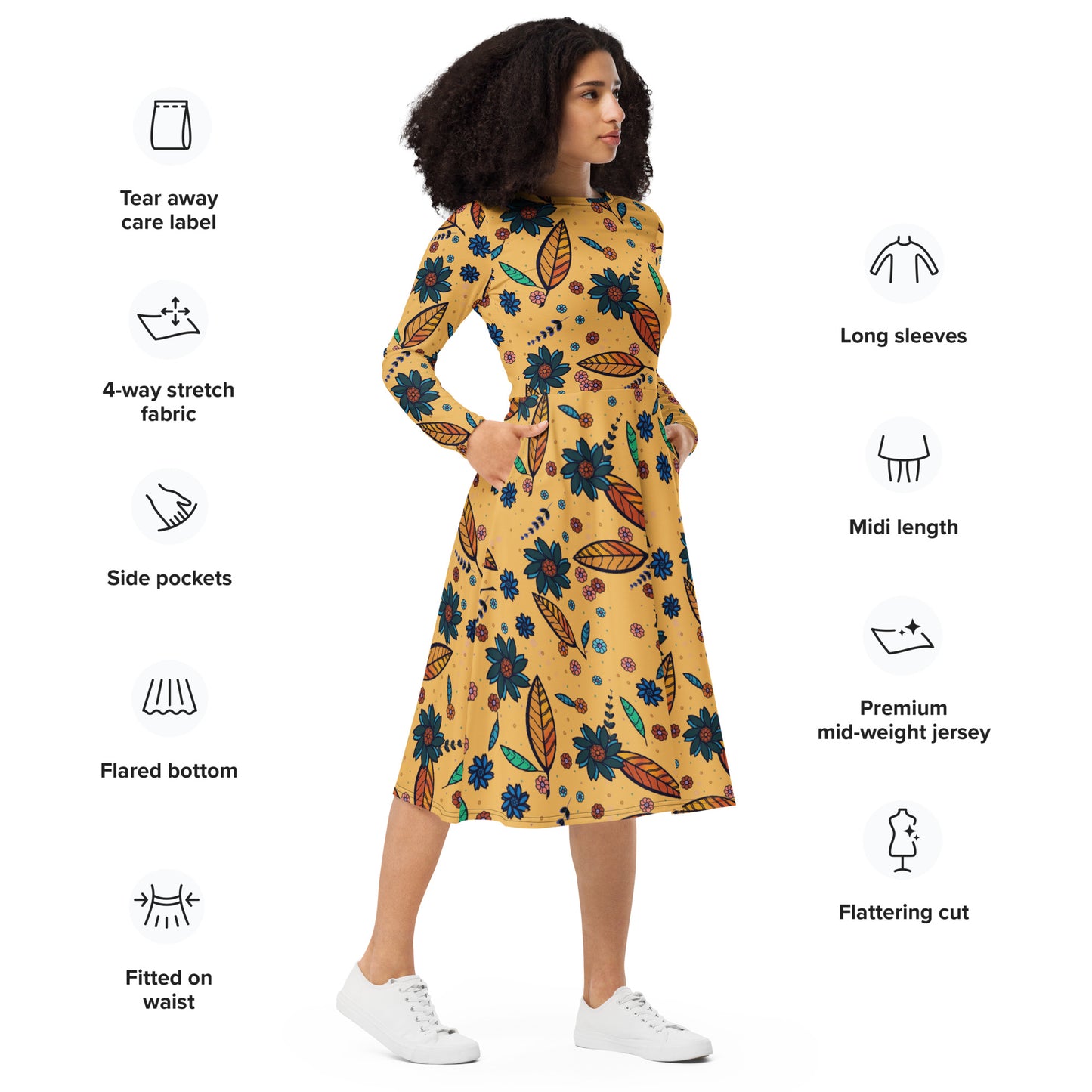 FLOWER POWER. All-over print long sleeve midi dress with pockets. Yellow.
