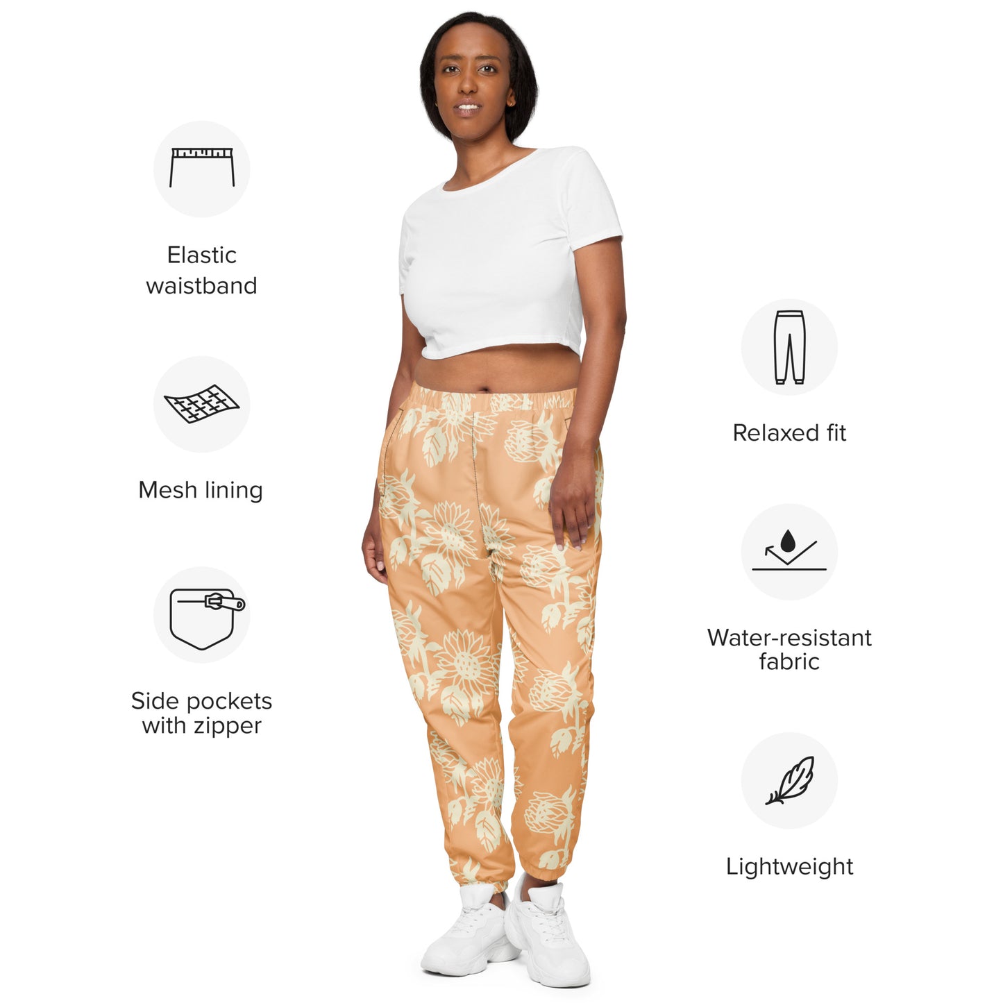 FLOWER POWER. Unisex track pants. Water resistant. SUNFLOWERS.