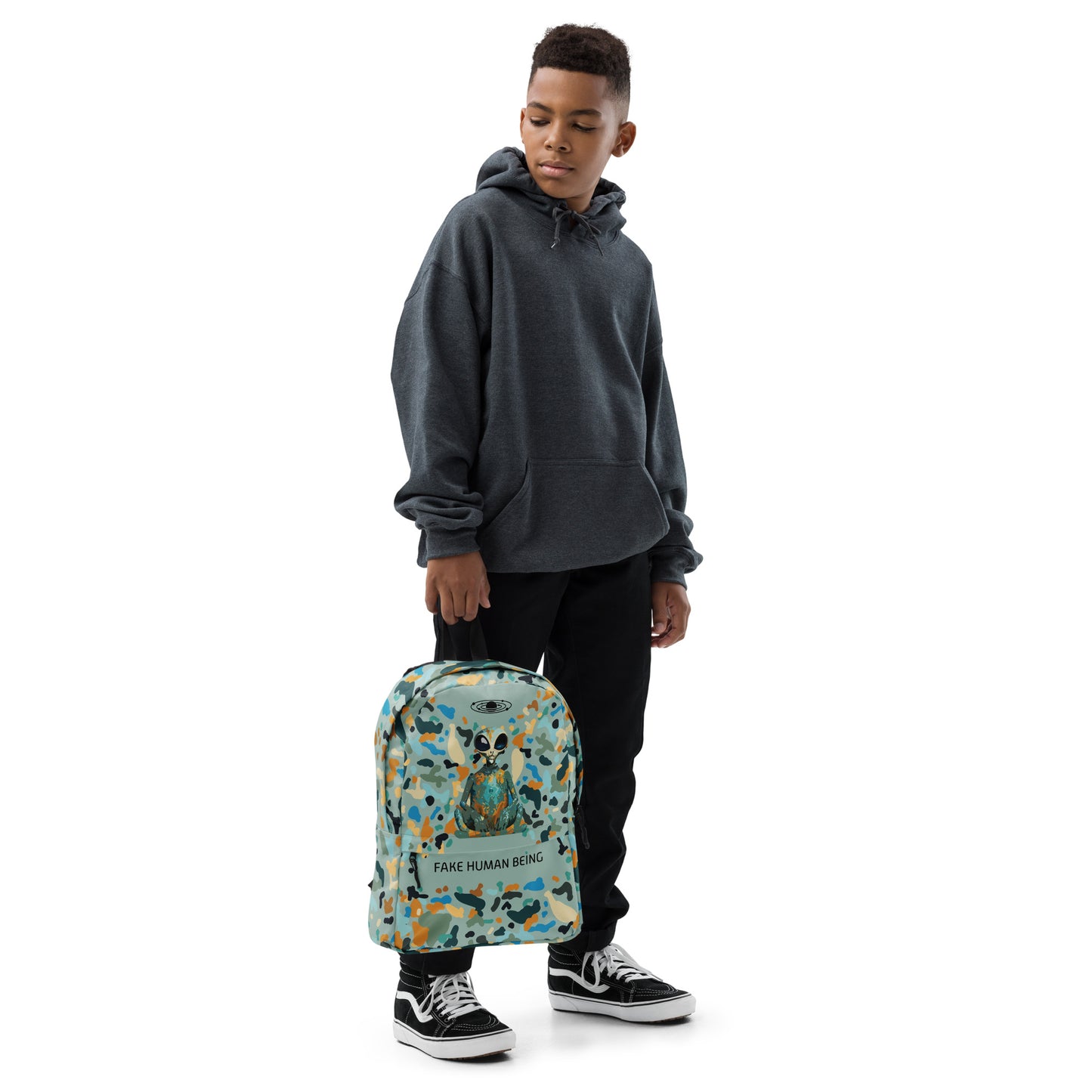 OUT OF SPACE. Backpack, water-resistant. FAKE HUMAN BEING.