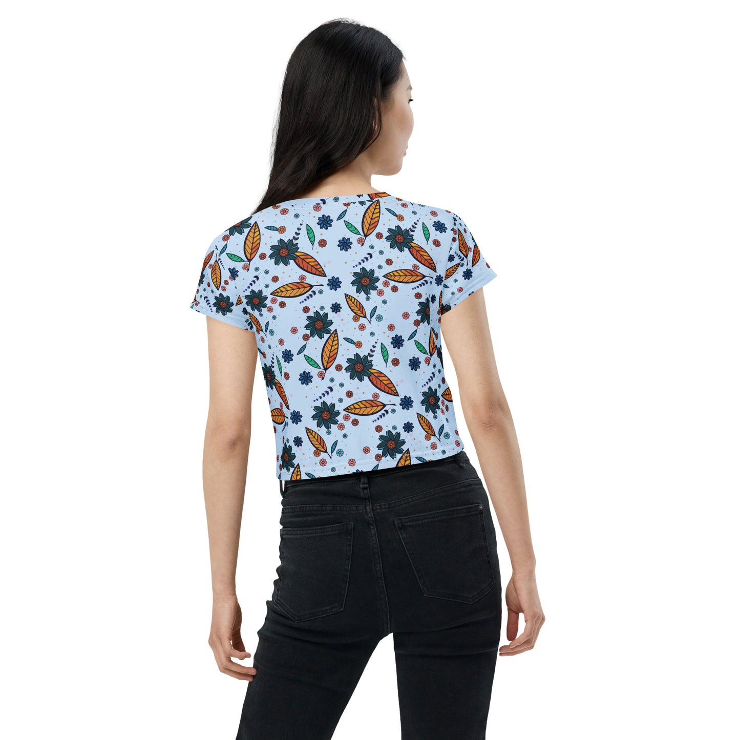 FLOWER POWER. All-Over Print Crop Tee. Sky blue.