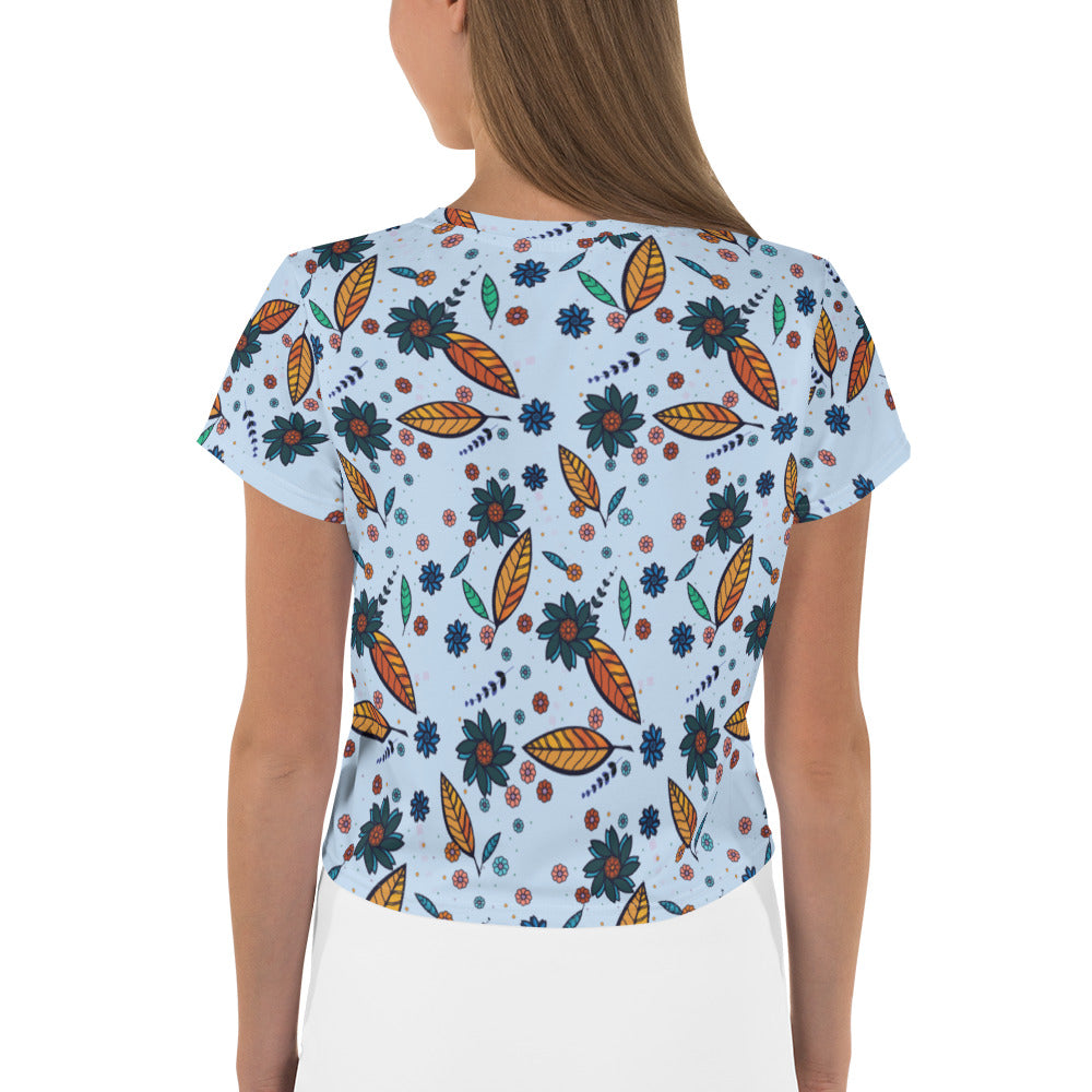 FLOWER POWER. All-Over Print Crop Tee. Sky blue.