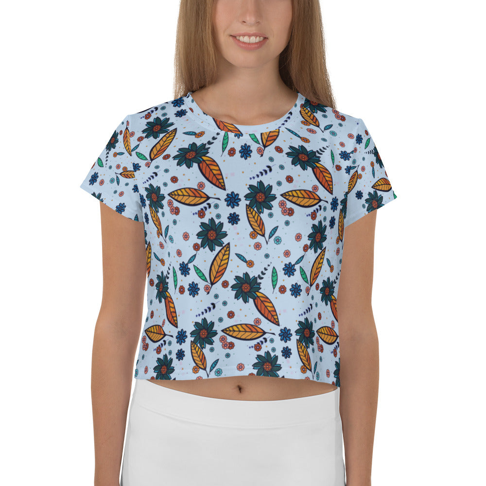 FLOWER POWER. All-Over Print Crop Tee. Sky blue.