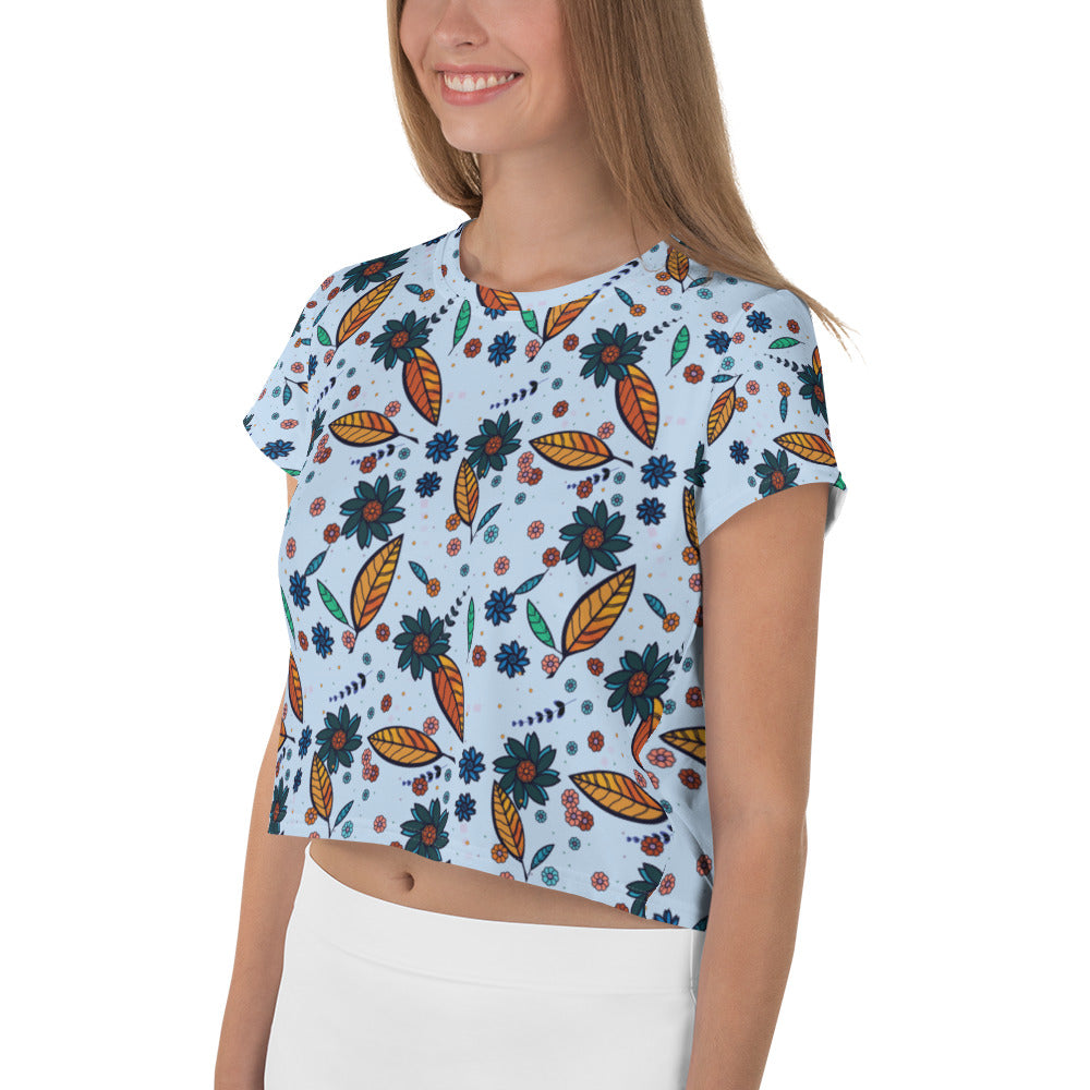 FLOWER POWER. All-Over Print Crop Tee. Sky blue.