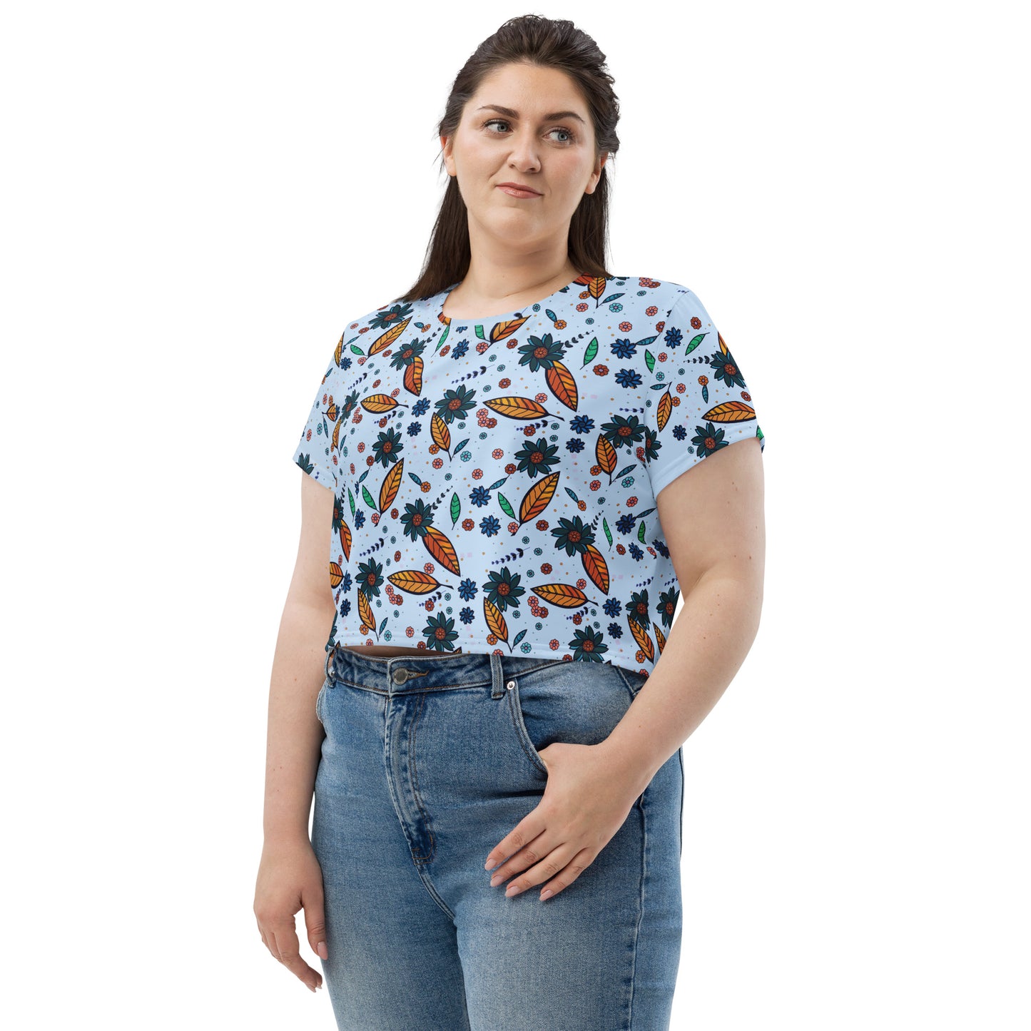 FLOWER POWER. All-Over Print Crop Tee. Sky blue.