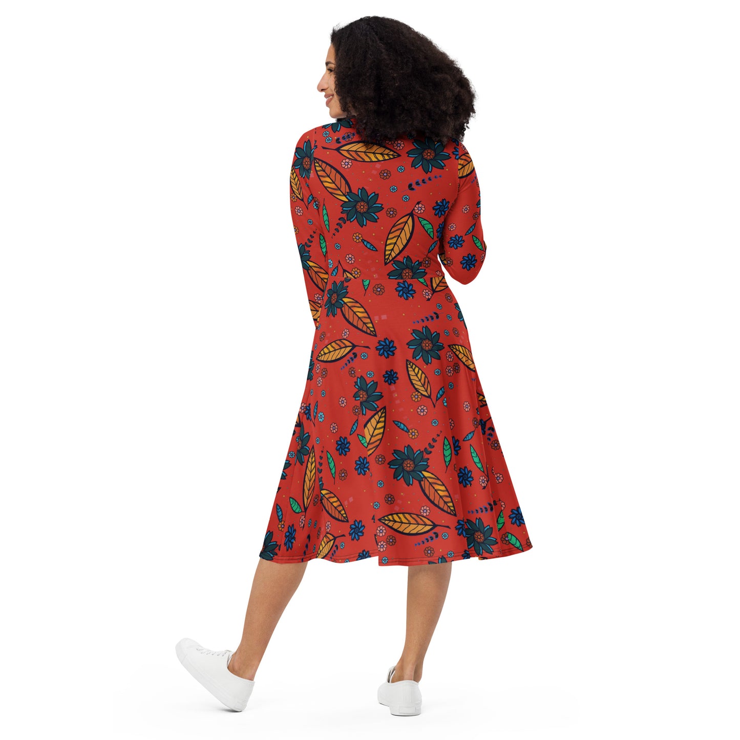 FLOWER POWER. All-over print long sleeve midi dress with pockets. Red.