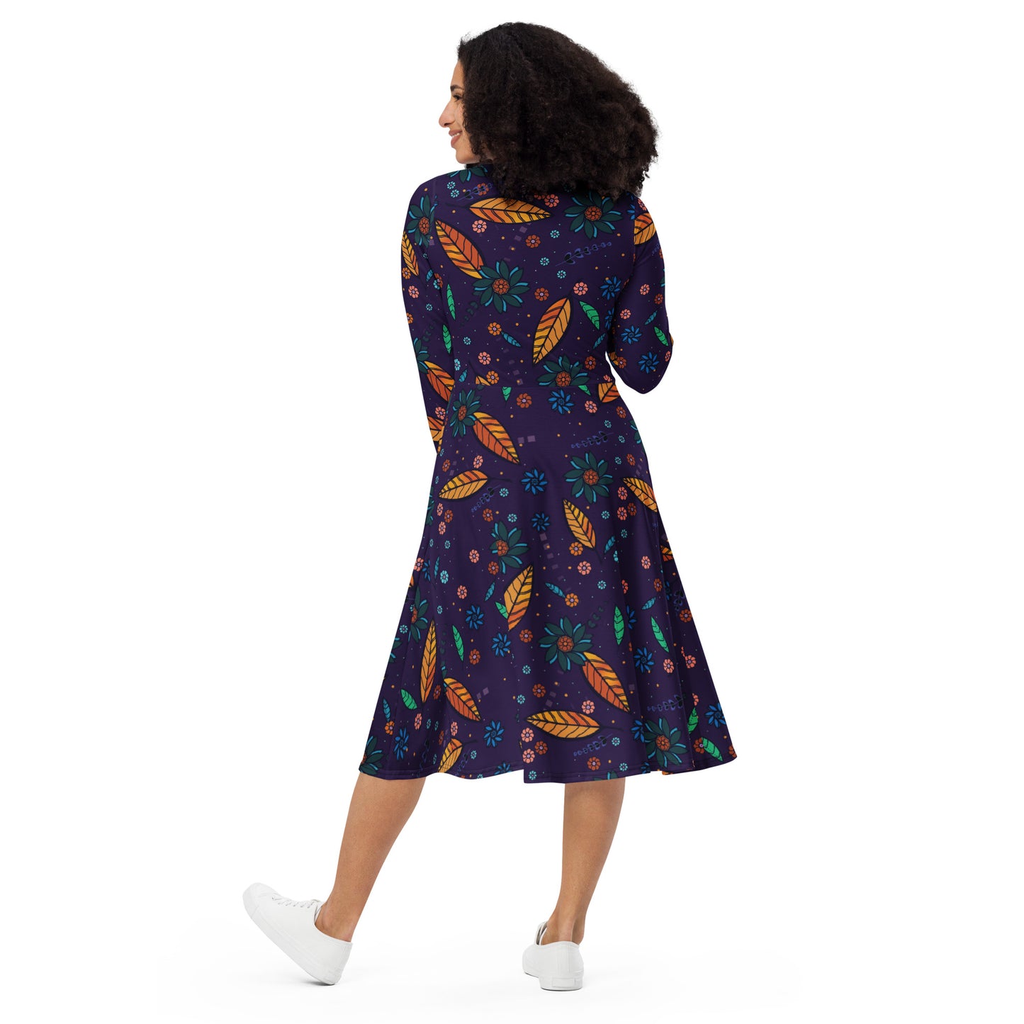 FLOWER POWER. All-over print long sleeve midi dress with pockets. Dark blue.