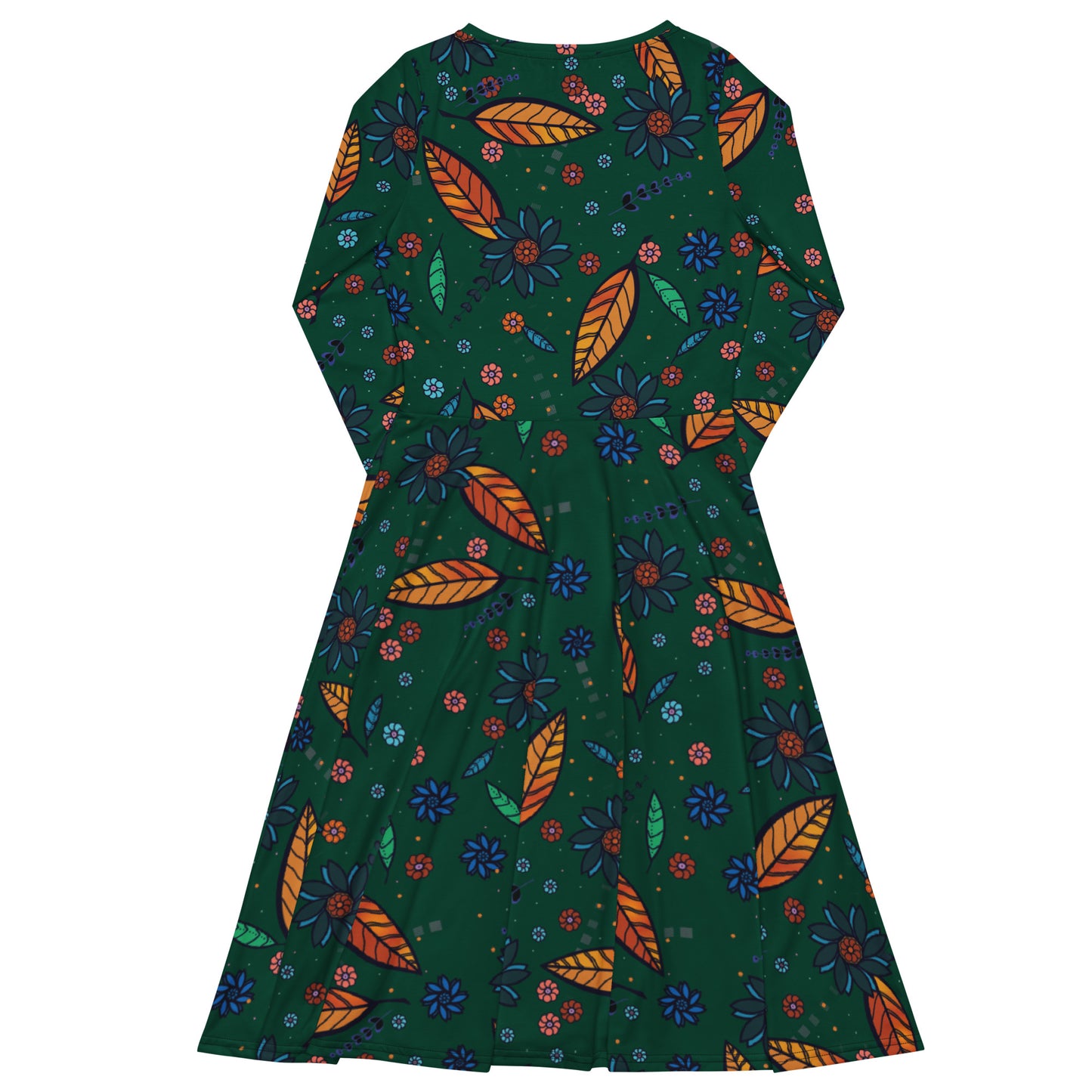 FLOWER POWER. All-over print long sleeve midi dress with pockets. Green.