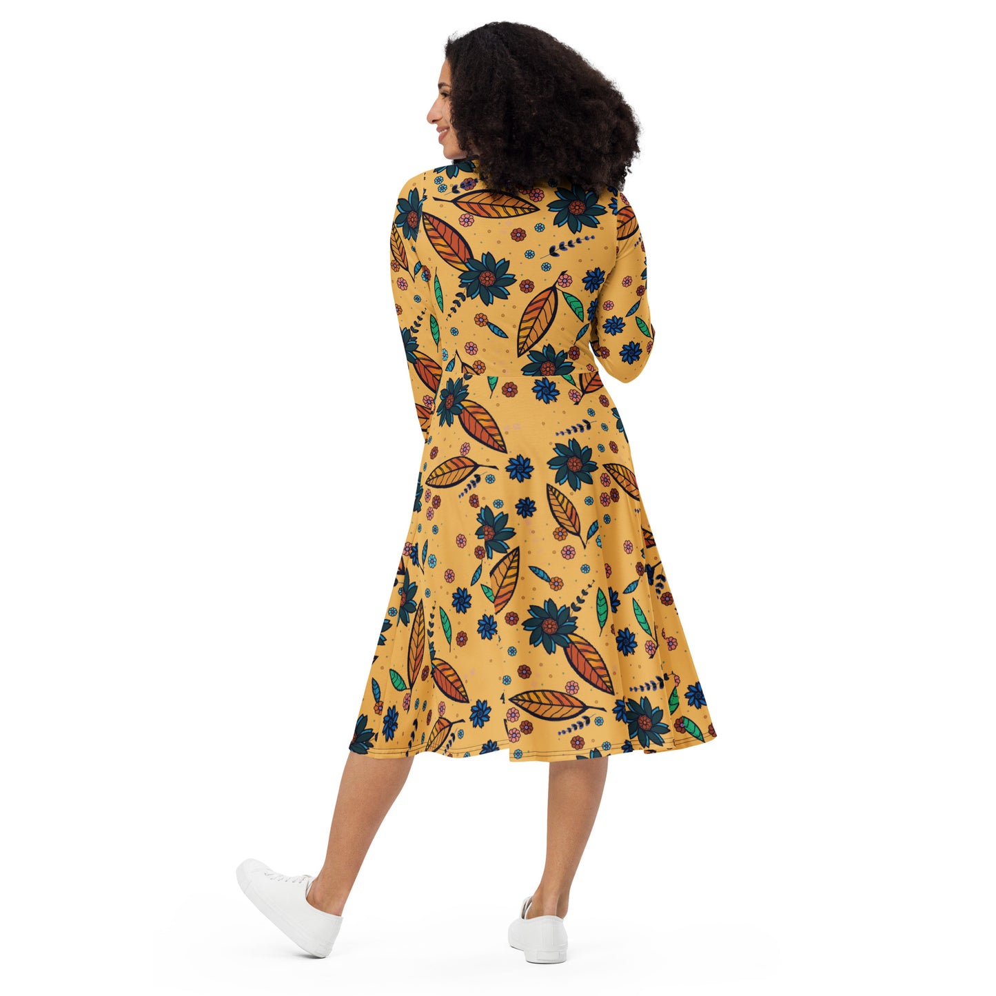 FLOWER POWER. All-over print long sleeve midi dress with pockets. Yellow.