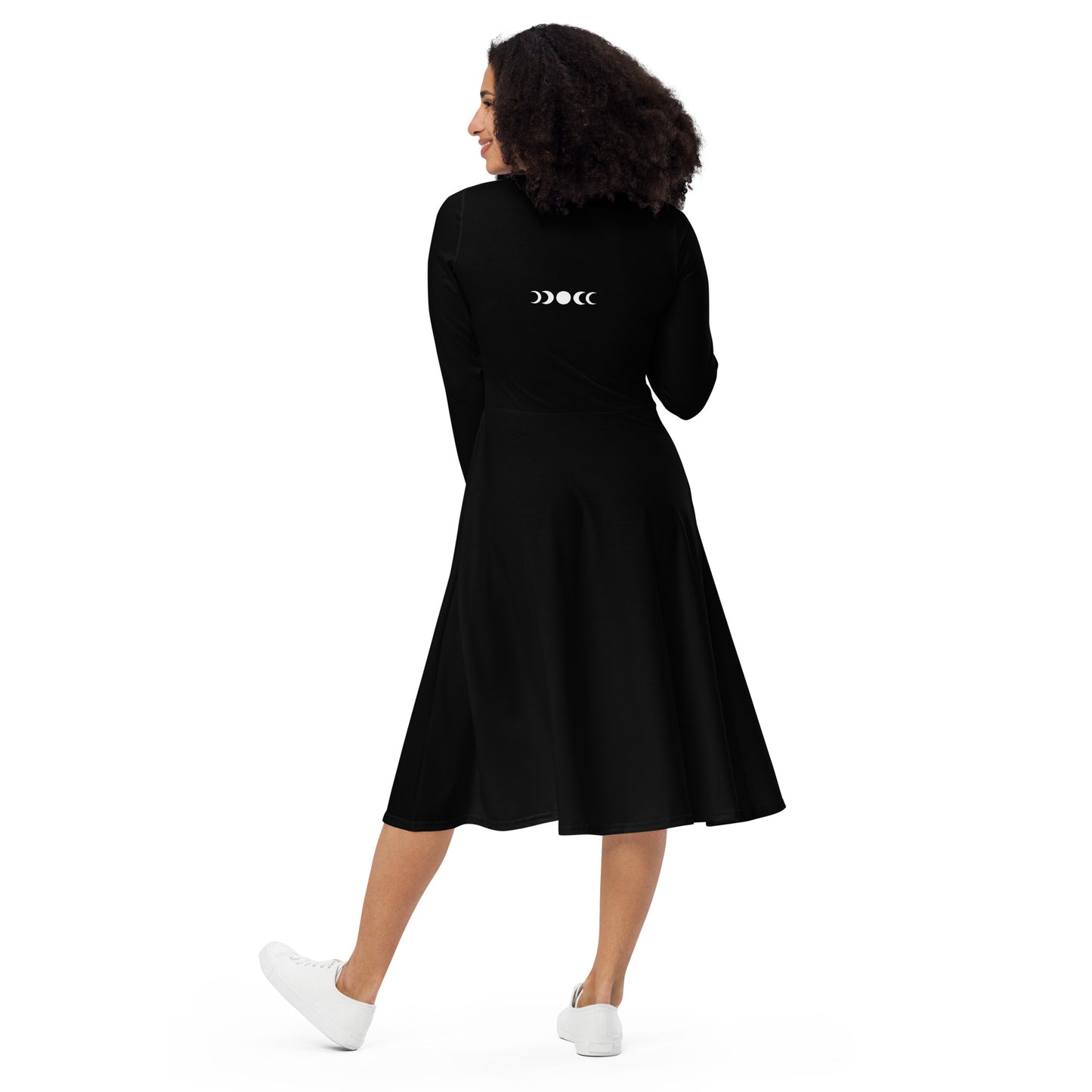 UNDER THE INFLUENCE. All-over print long sleeve midi dress. Black. BE A WITCH.