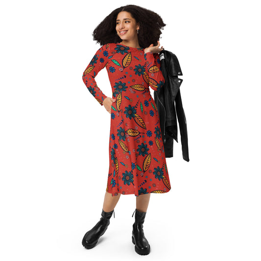 FLOWER POWER. All-over print long sleeve midi dress with pockets. Red.