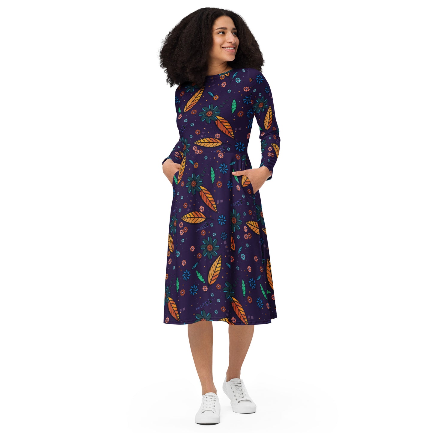 FLOWER POWER. All-over print long sleeve midi dress with pockets. Dark blue.