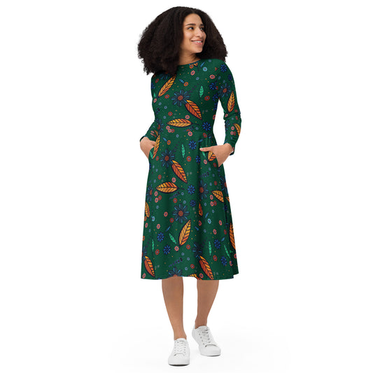 FLOWER POWER. All-over print long sleeve midi dress with pockets. Green.