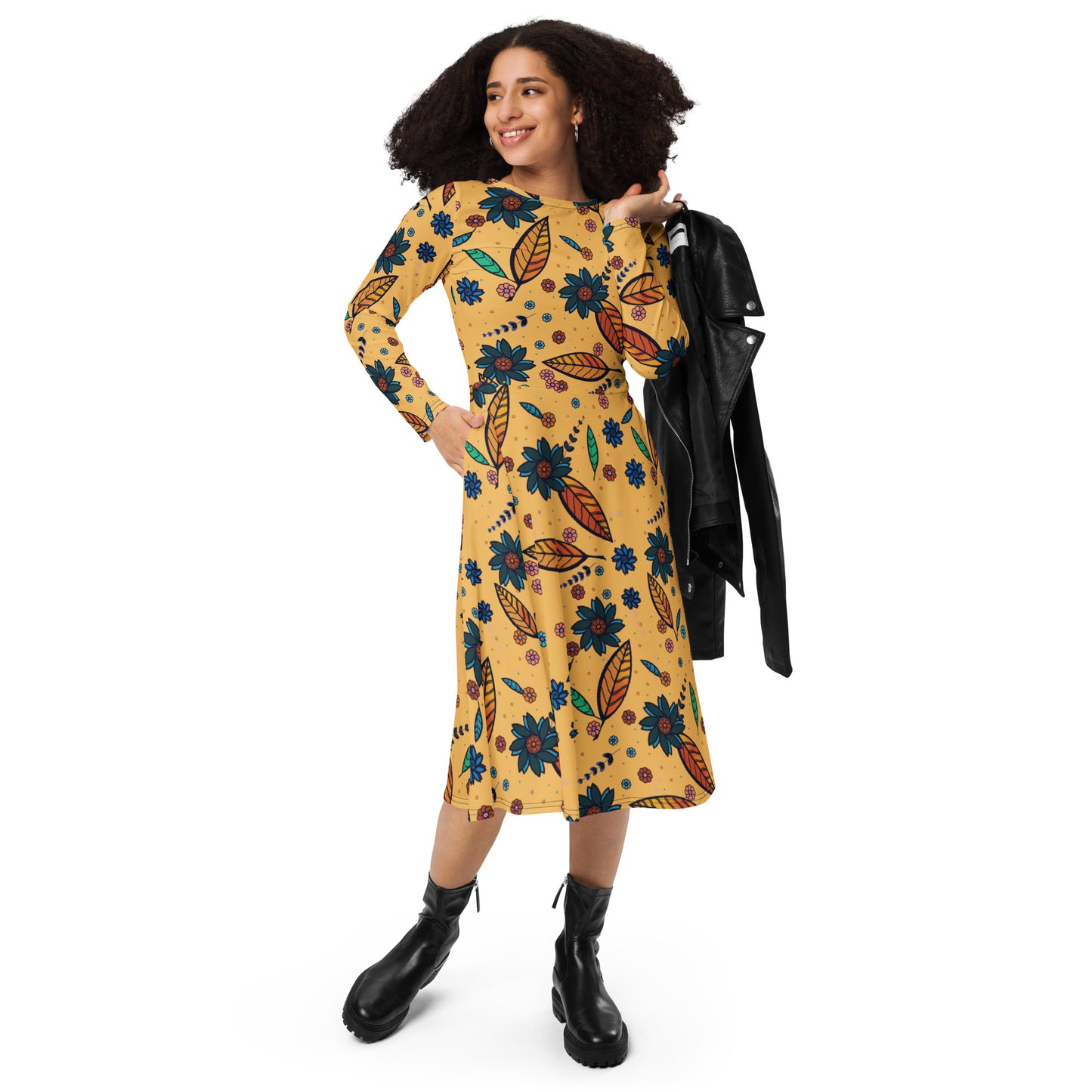 FLOWER POWER. All-over print long sleeve midi dress with pockets. Yellow.