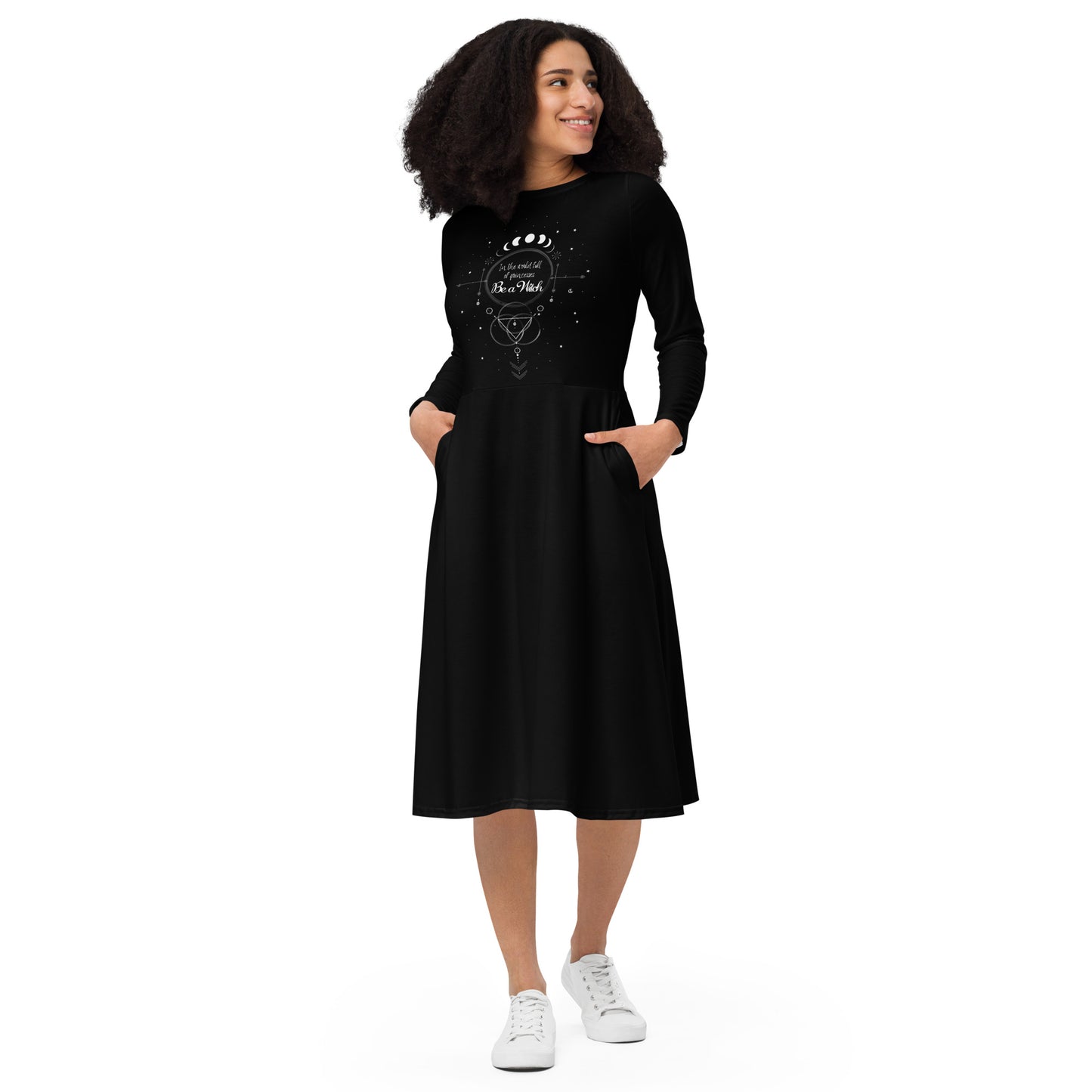 UNDER THE INFLUENCE. All-over print long sleeve midi dress. Black. BE A WITCH.