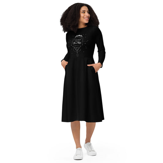 UNDER THE INFLUENCE. All-over print long sleeve midi dress. Black. BE A WITCH.