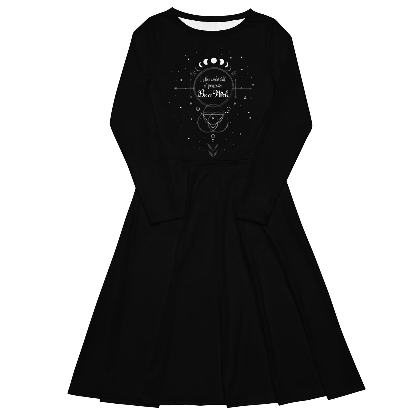 UNDER THE INFLUENCE. All-over print long sleeve midi dress. Black. BE A WITCH.