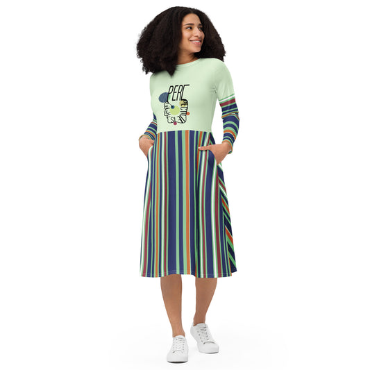ATTITUDE. All-over print long sleeve midi dress. PERSPECTIVE.