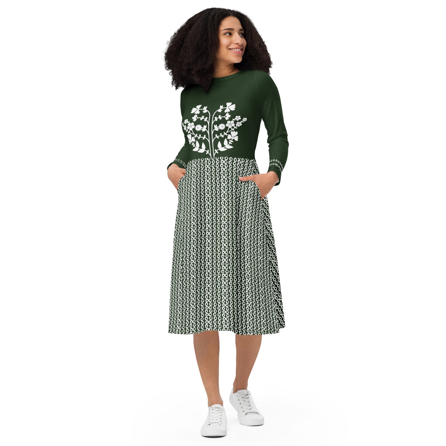 ROOTS! All-over print long sleeve midi dress. FOLKLORE.