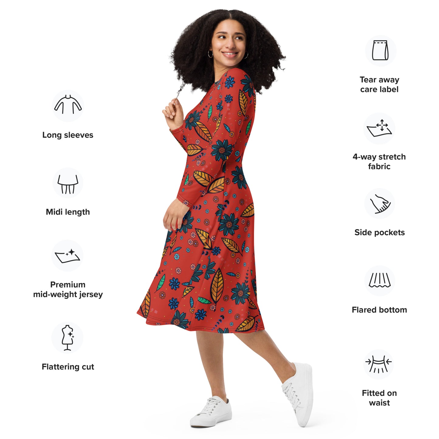 FLOWER POWER. All-over print long sleeve midi dress with pockets. Red.