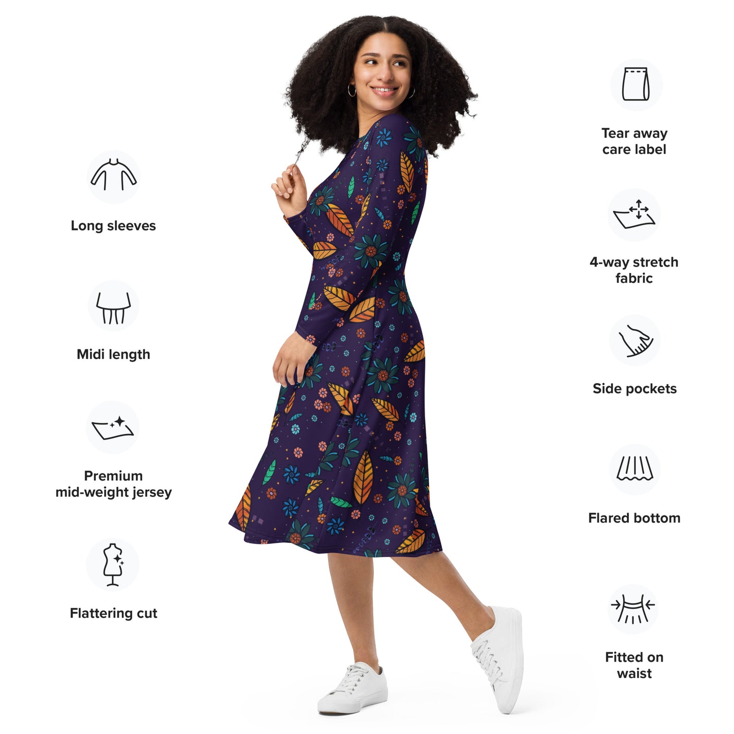 FLOWER POWER. All-over print long sleeve midi dress with pockets. Dark blue.