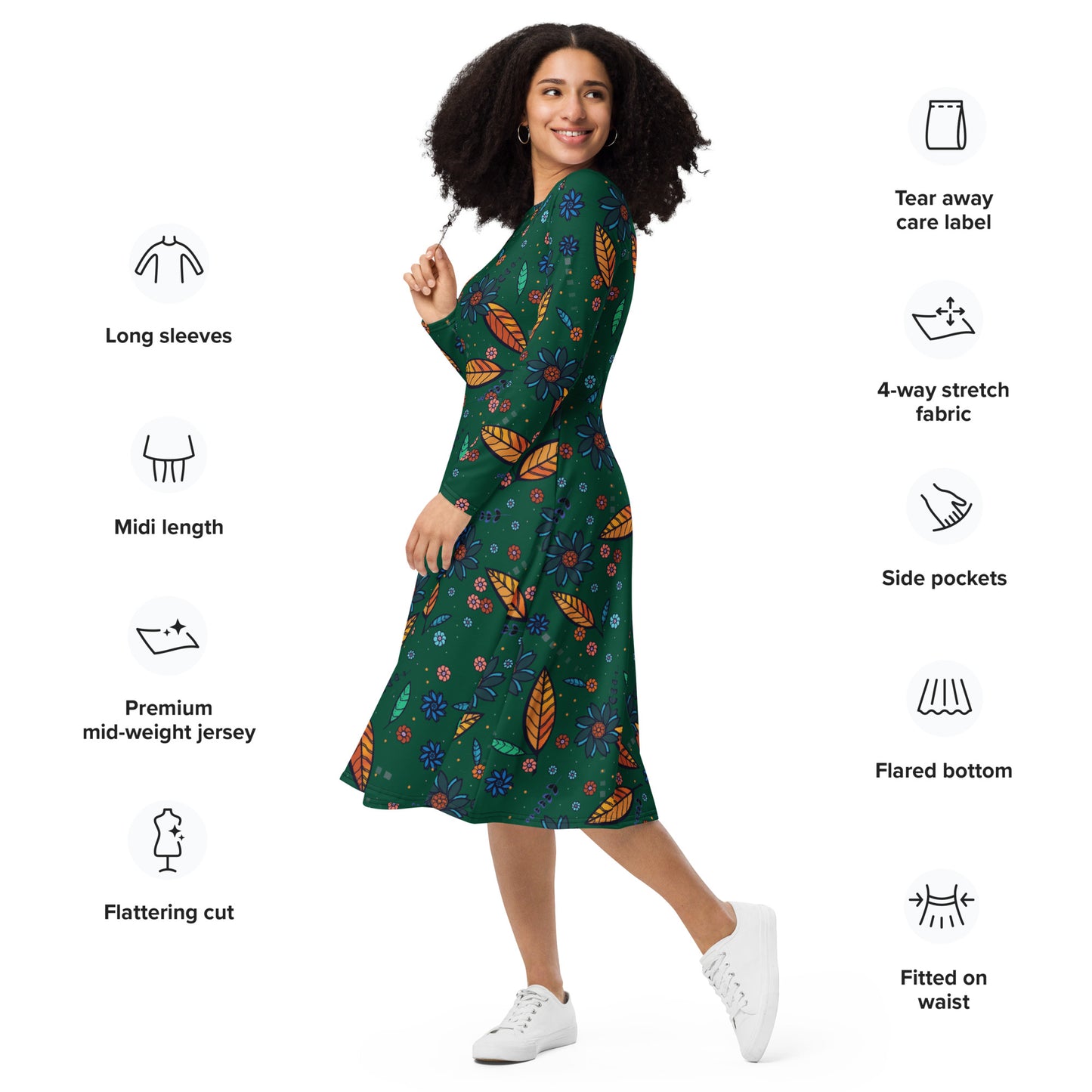 FLOWER POWER. All-over print long sleeve midi dress with pockets. Green.