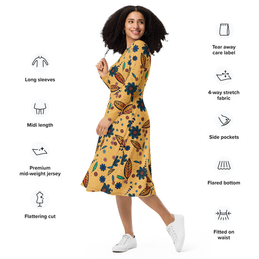 FLOWER POWER. All-over print long sleeve midi dress with pockets. Yellow.
