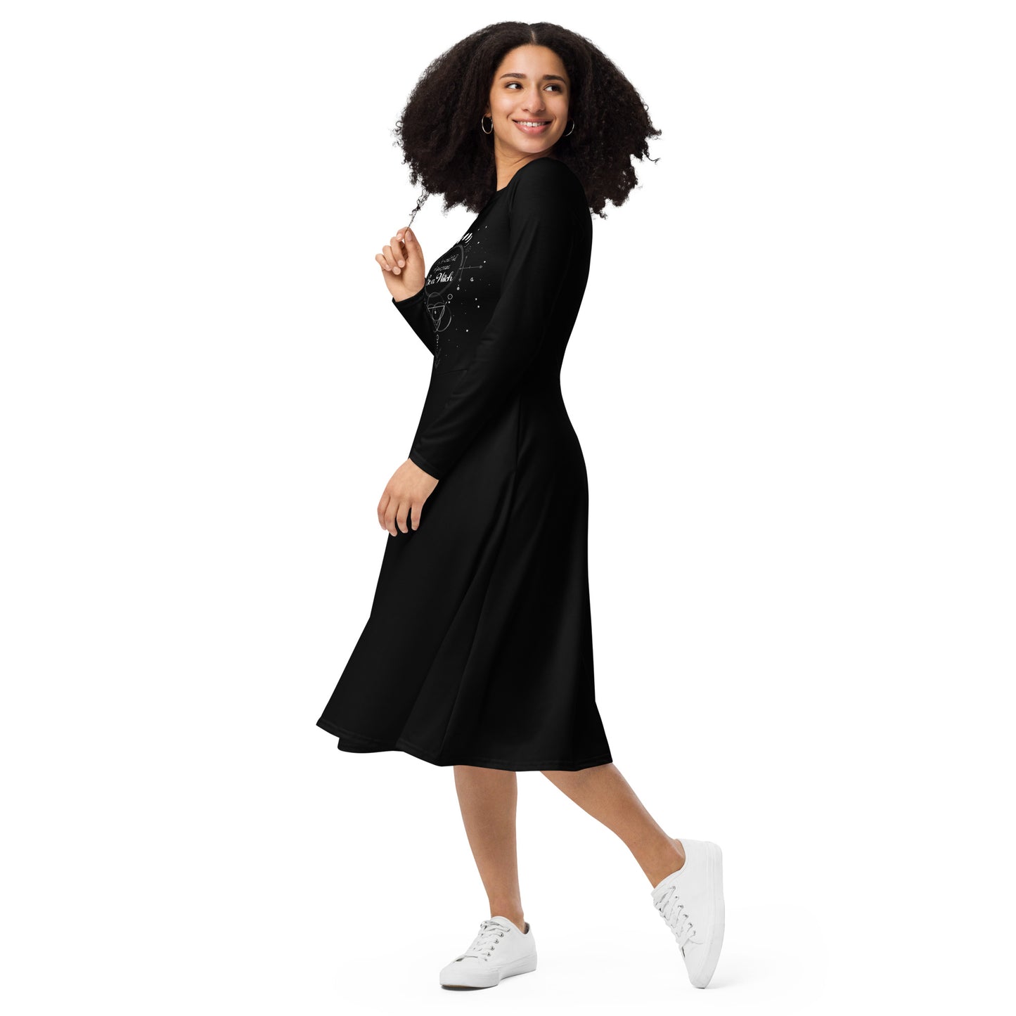 UNDER THE INFLUENCE. All-over print long sleeve midi dress. Black. BE A WITCH.