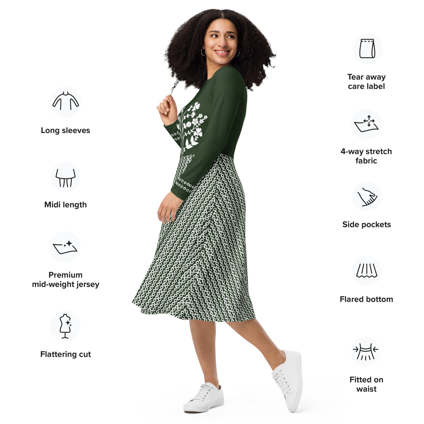ROOTS! All-over print long sleeve midi dress. FOLKLORE.