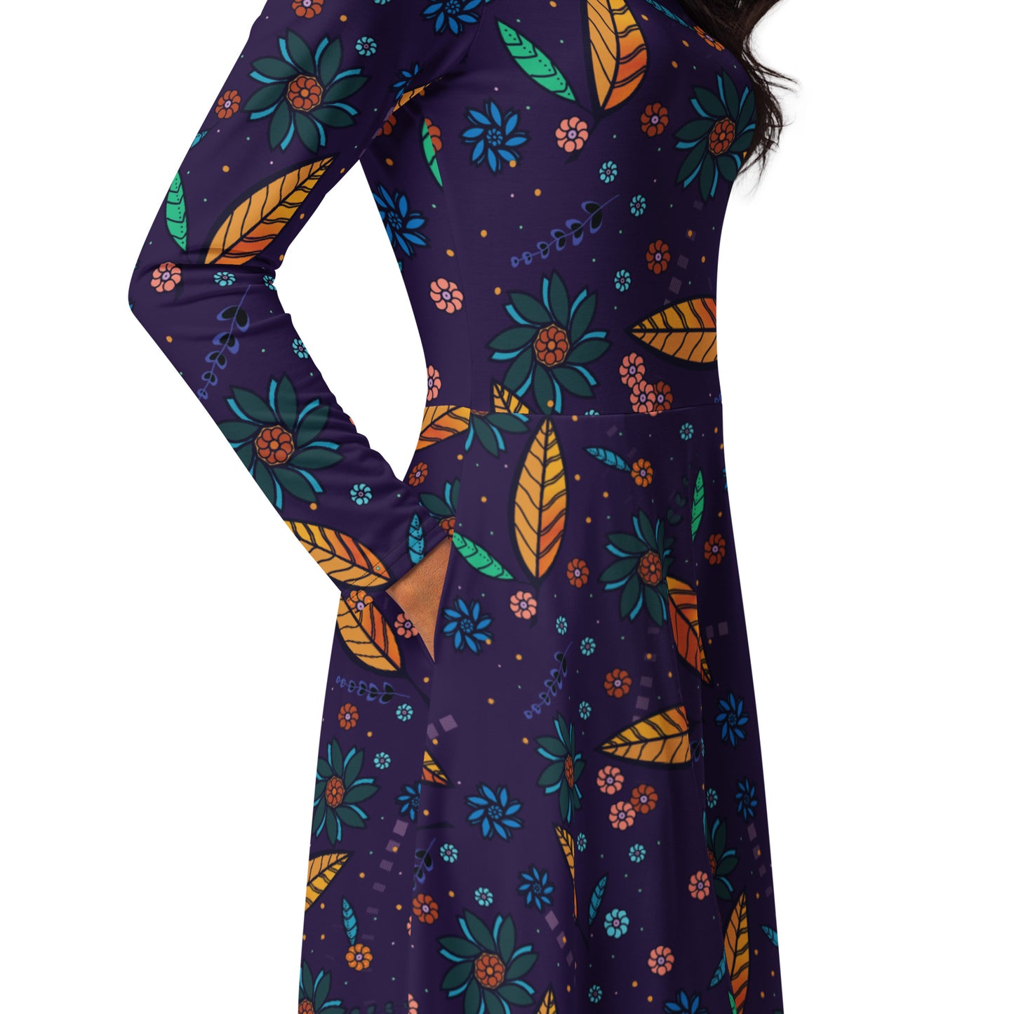 FLOWER POWER. All-over print long sleeve midi dress with pockets. Dark blue.