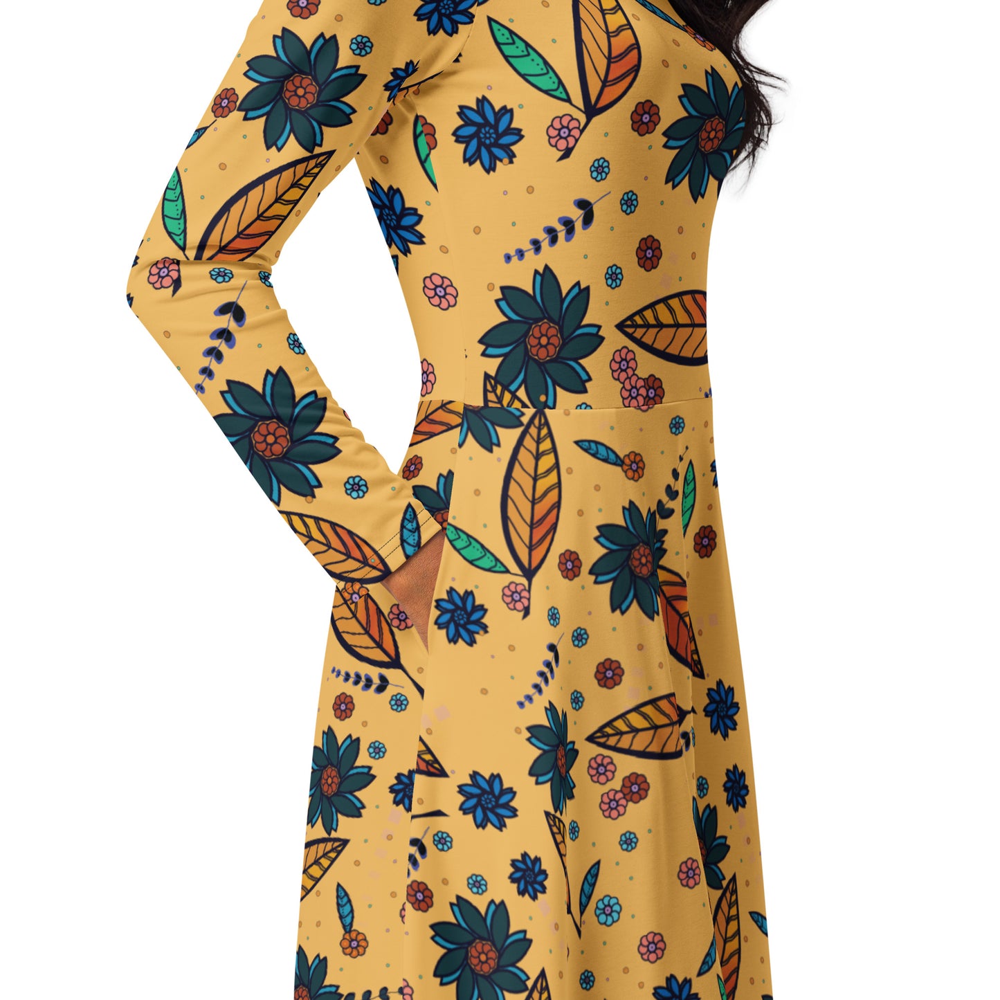 FLOWER POWER. All-over print long sleeve midi dress with pockets. Yellow.