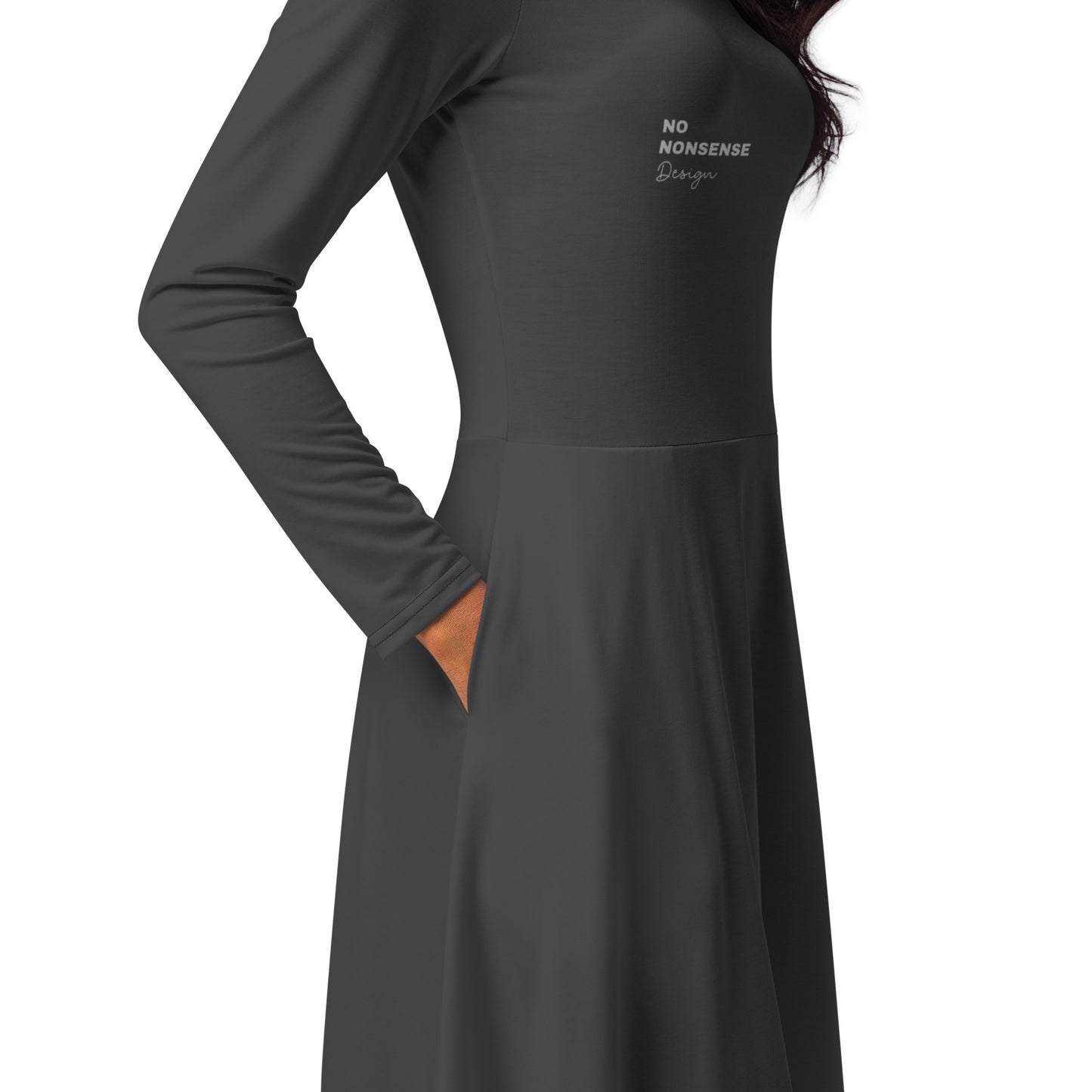 ATTITUDE. All-over print long sleeve midi dress with pockets. NO NONSENSE DESIGN. Charcoal.