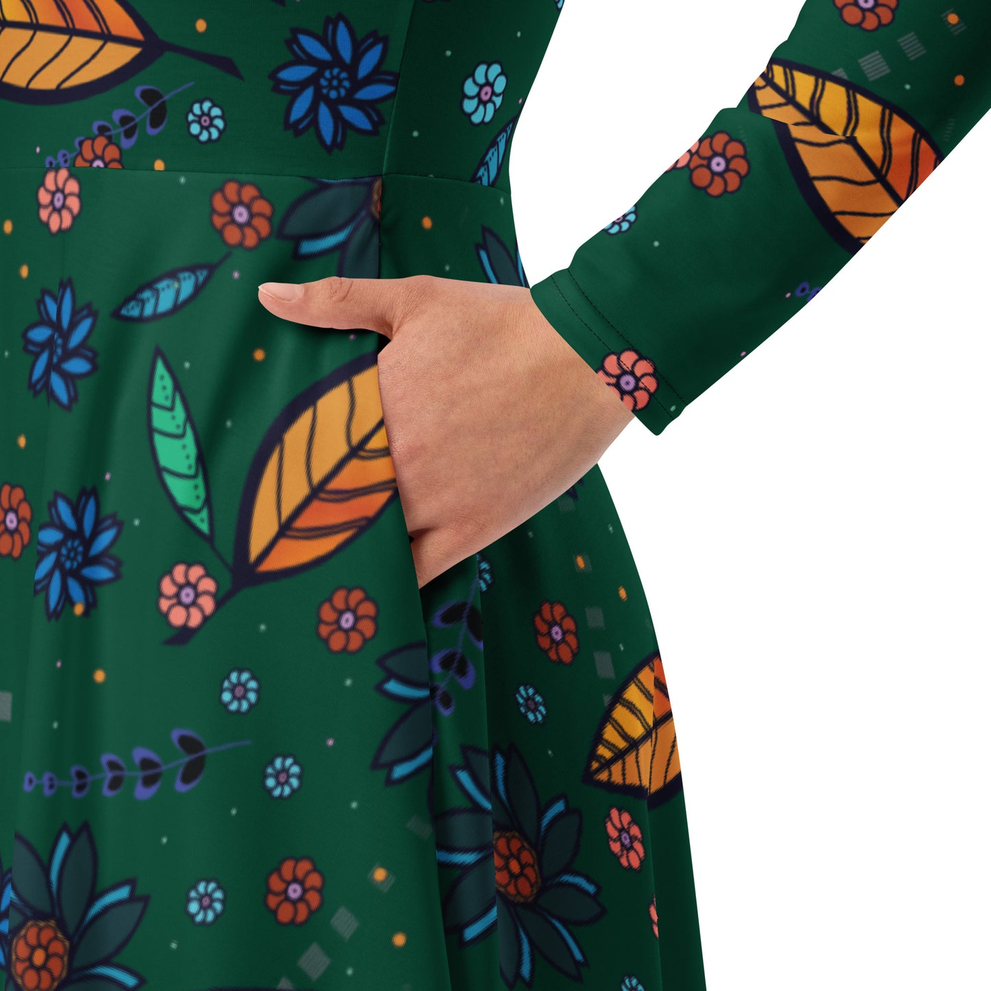 FLOWER POWER. All-over print long sleeve midi dress with pockets. Green.