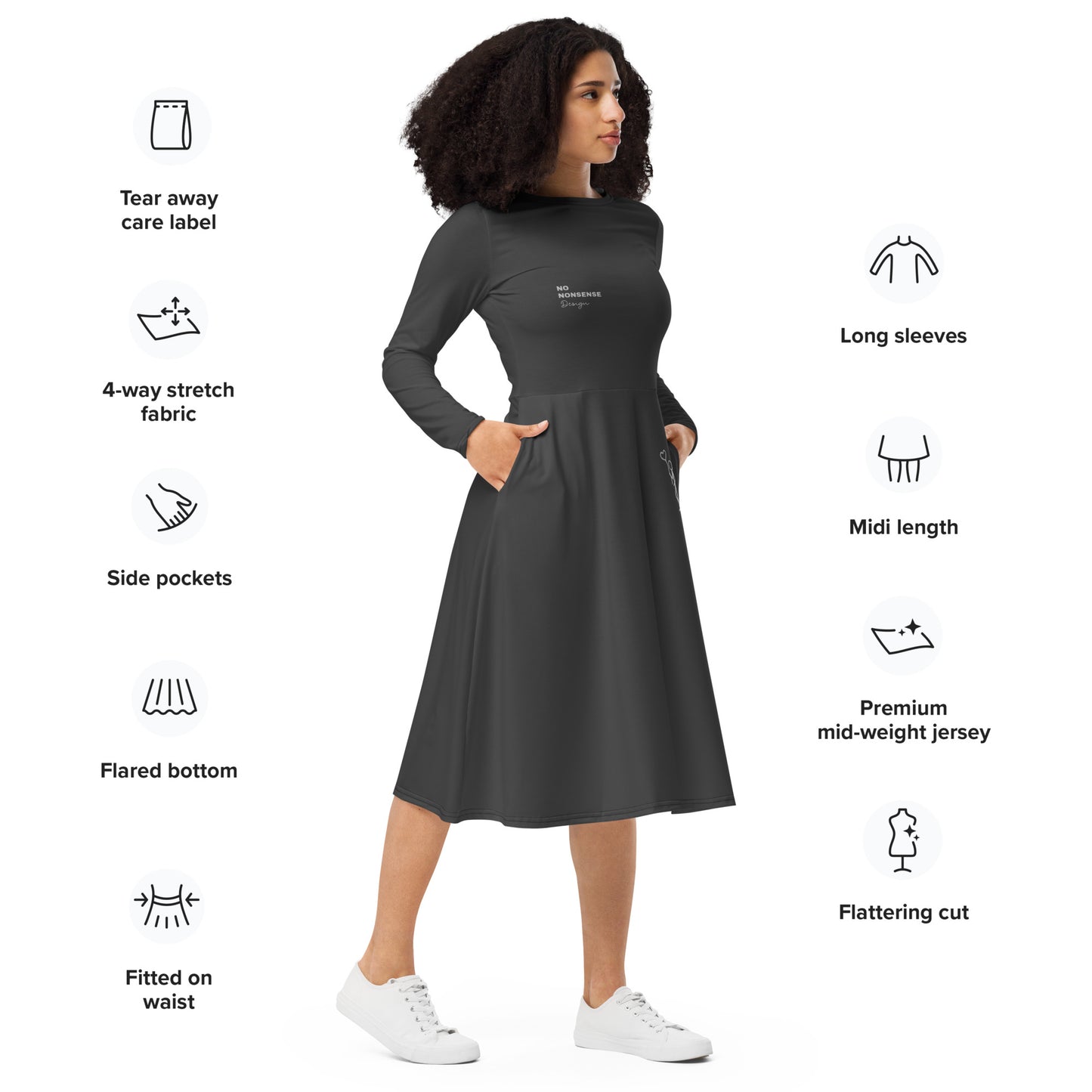 ATTITUDE. All-over print long sleeve midi dress with pockets. NO NONSENSE DESIGN. Charcoal.