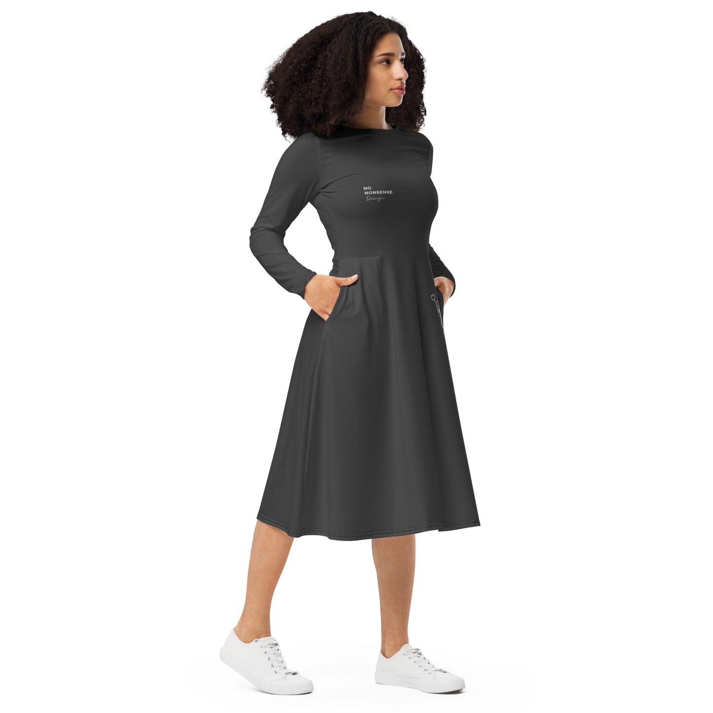 ATTITUDE. All-over print long sleeve midi dress with pockets. NO NONSENSE DESIGN. Charcoal.