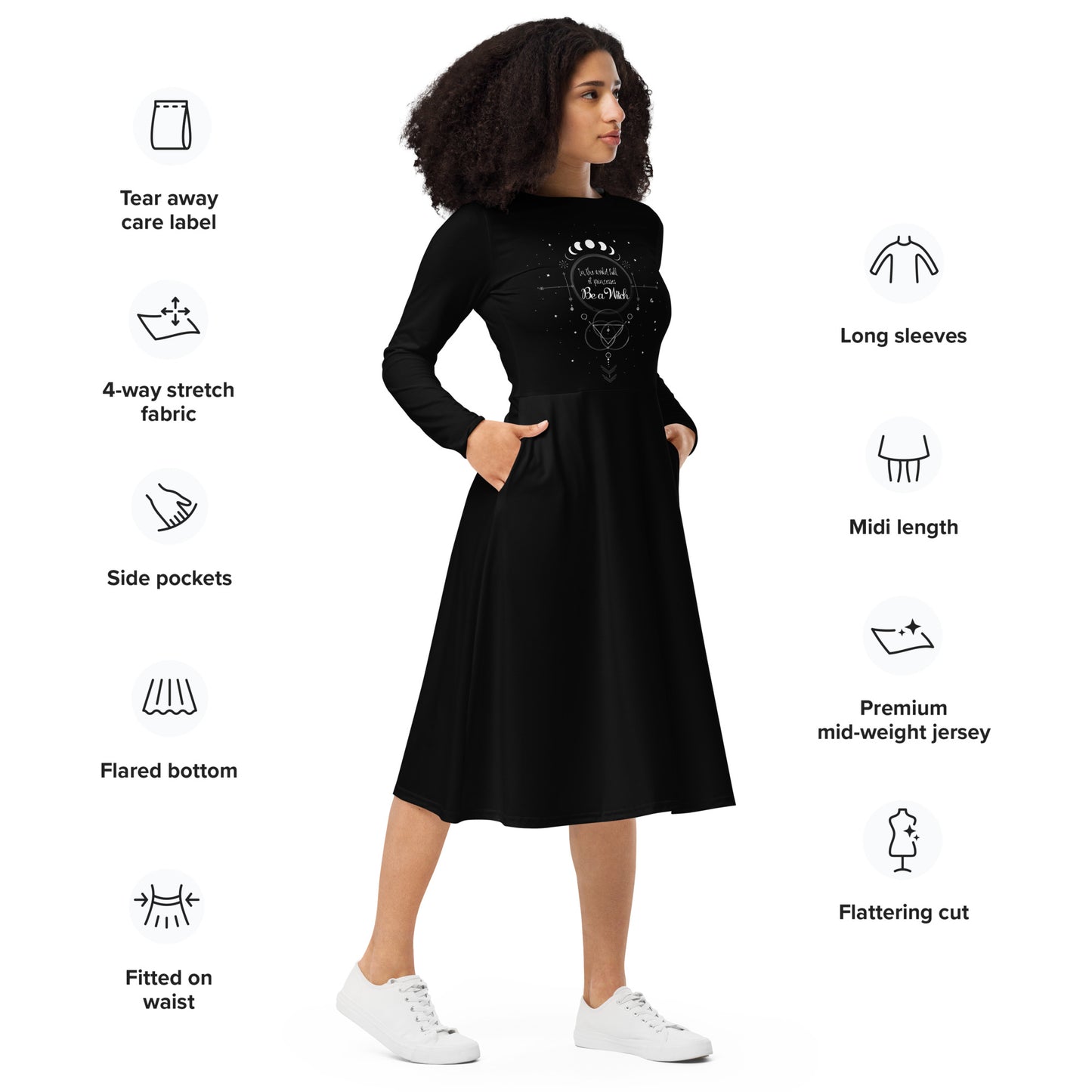 UNDER THE INFLUENCE. All-over print long sleeve midi dress. Black. BE A WITCH.