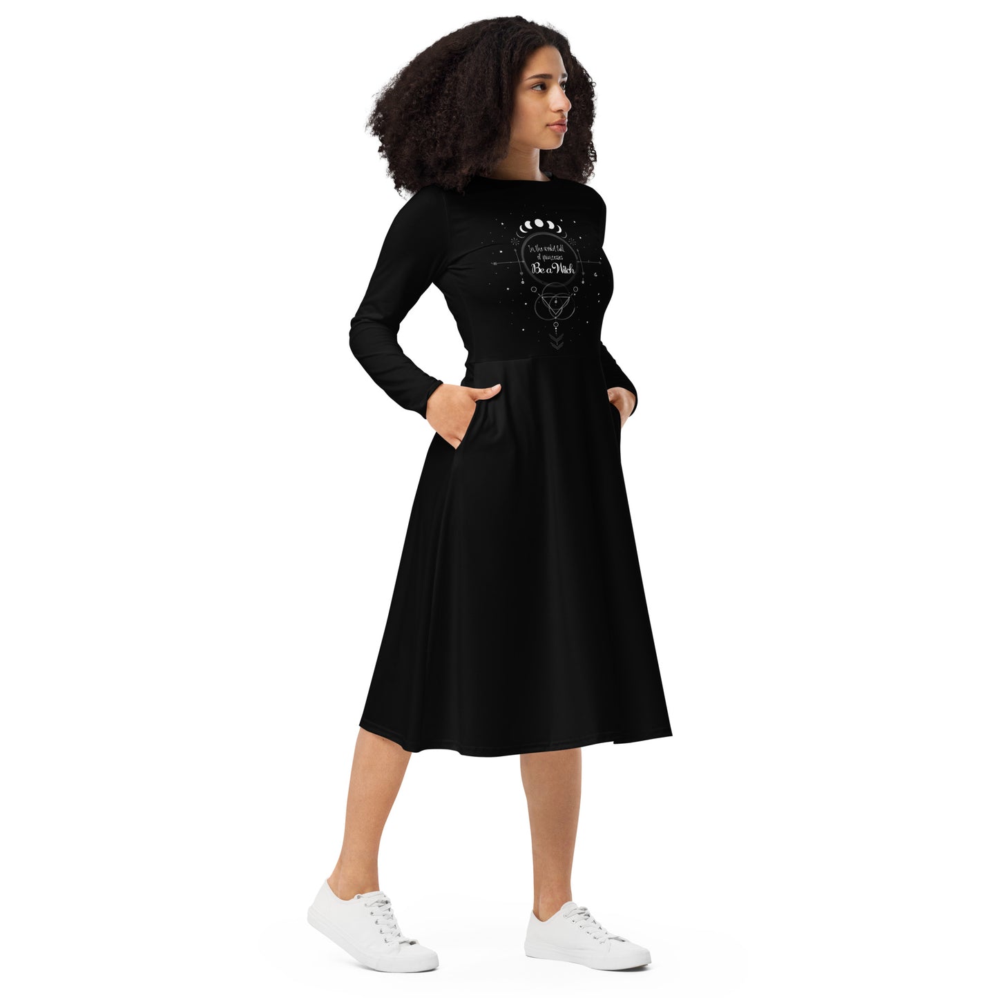 UNDER THE INFLUENCE. All-over print long sleeve midi dress. Black. BE A WITCH.