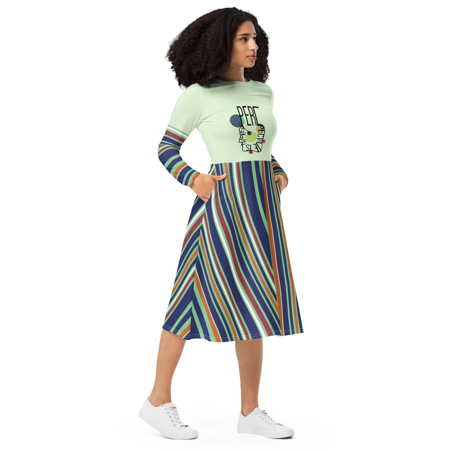 ATTITUDE. All-over print long sleeve midi dress. PERSPECTIVE.