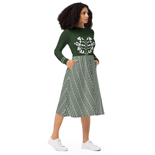 ROOTS! All-over print long sleeve midi dress. FOLKLORE.