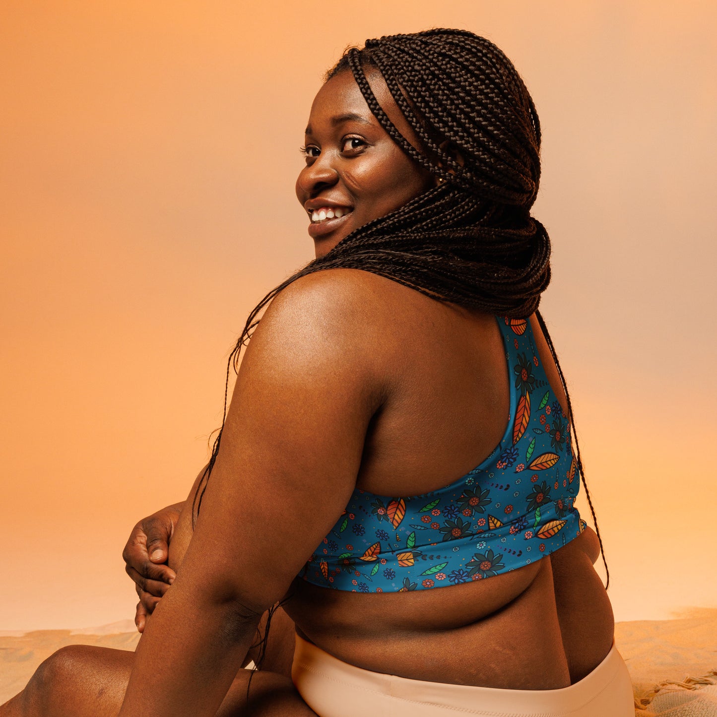 FLOWER POWER. Longline sports bra. Flowers, blue.