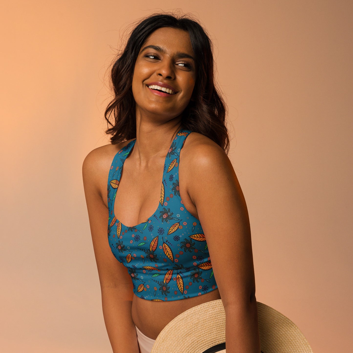 FLOWER POWER. Longline sports bra. Flowers, blue.