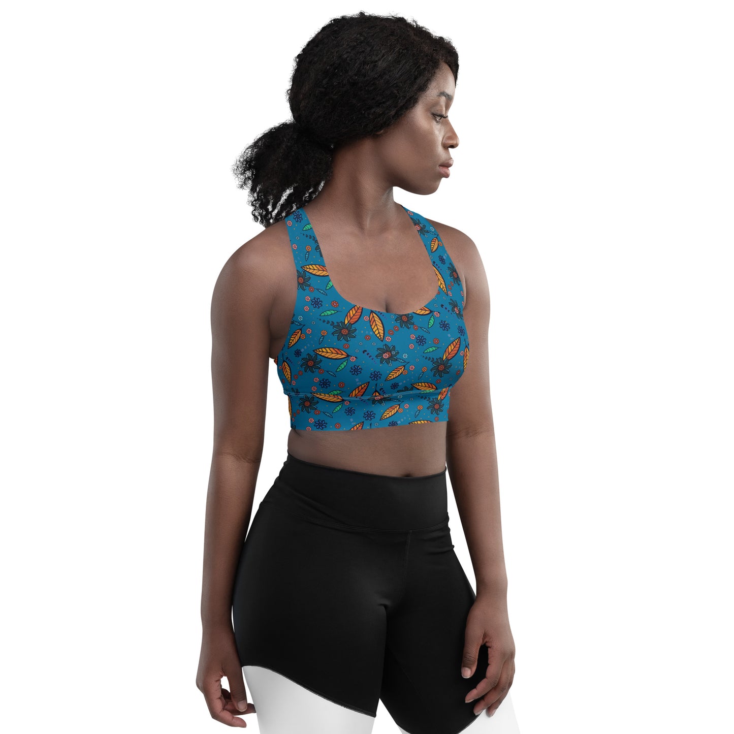 FLOWER POWER. Longline sports bra. Flowers, blue.