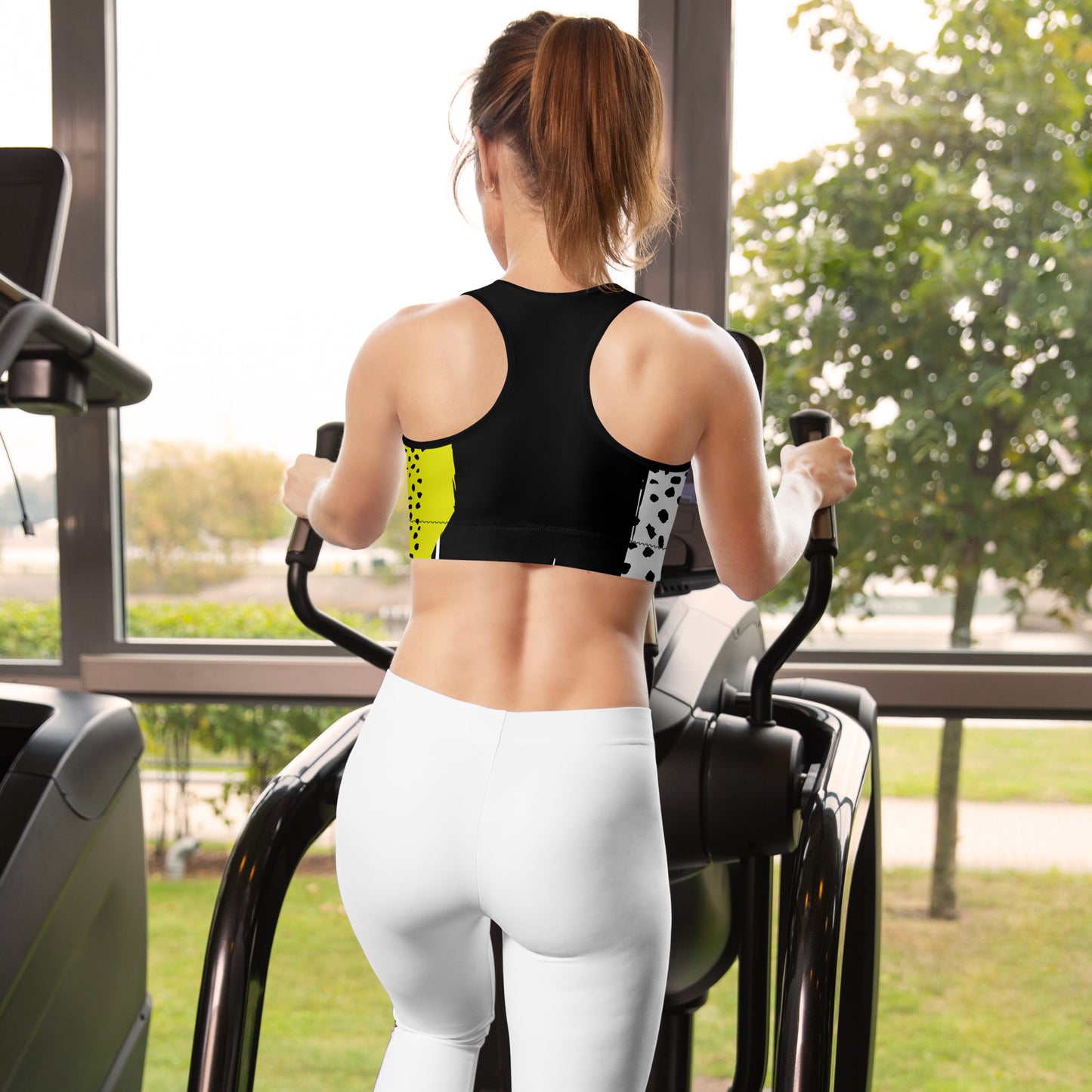 ANIMAL INSTINCT. Padded Sports Bra. Yellow, black, white.