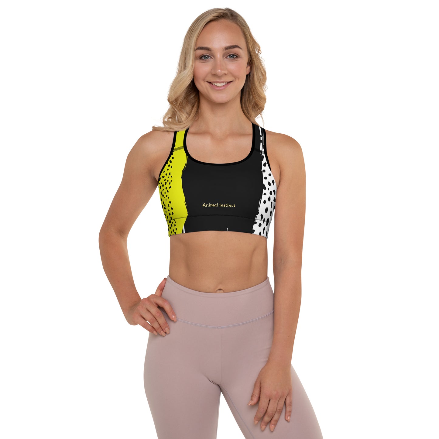 ANIMAL INSTINCT. Padded Sports Bra. Yellow, black, white.
