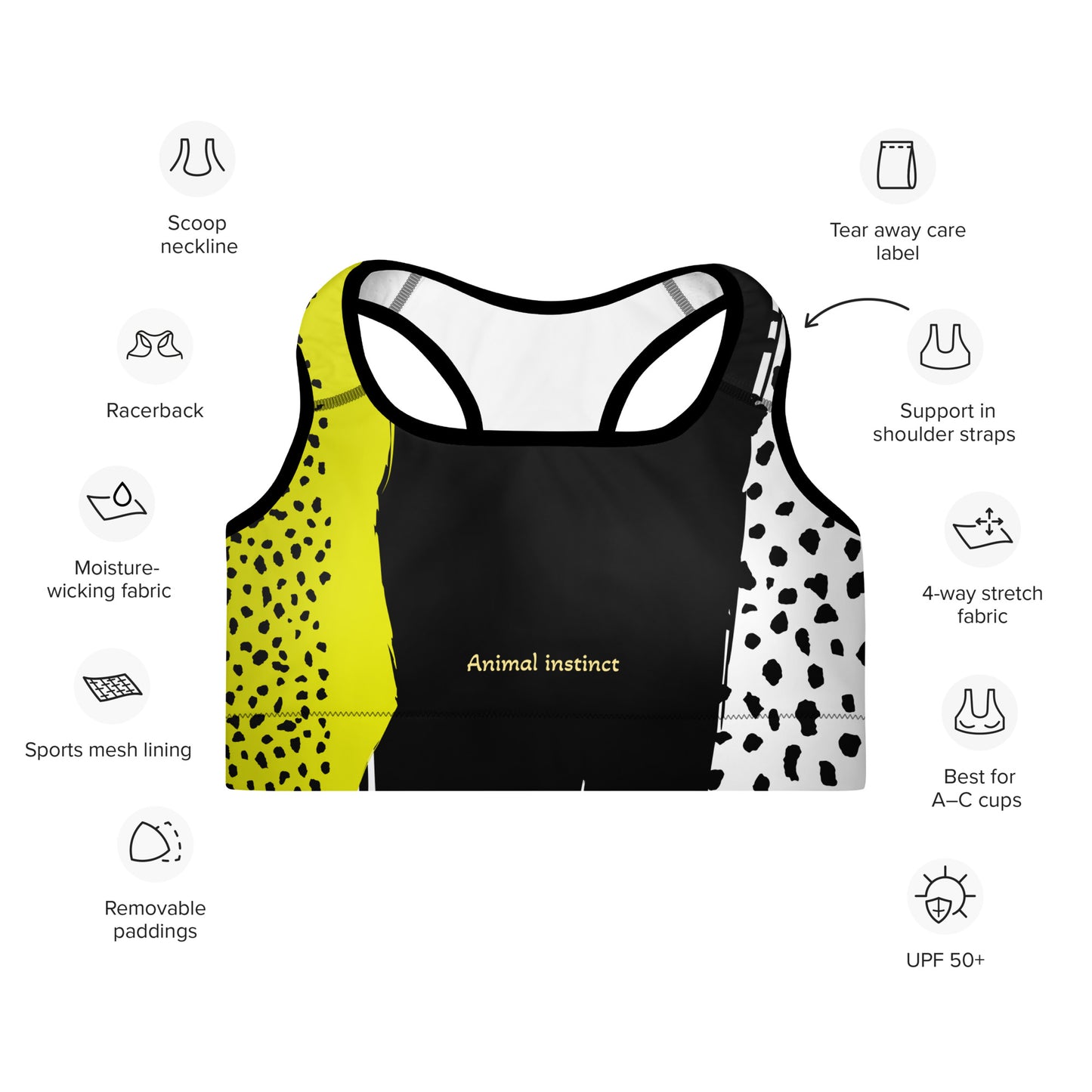 ANIMAL INSTINCT. Padded Sports Bra. Yellow, black, white.