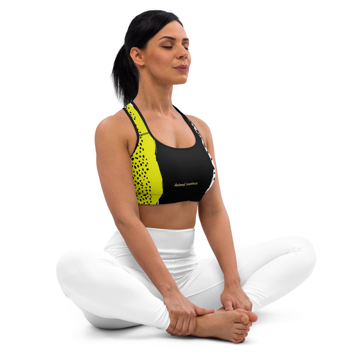 ANIMAL INSTINCT. Padded Sports Bra. Yellow, black, white.