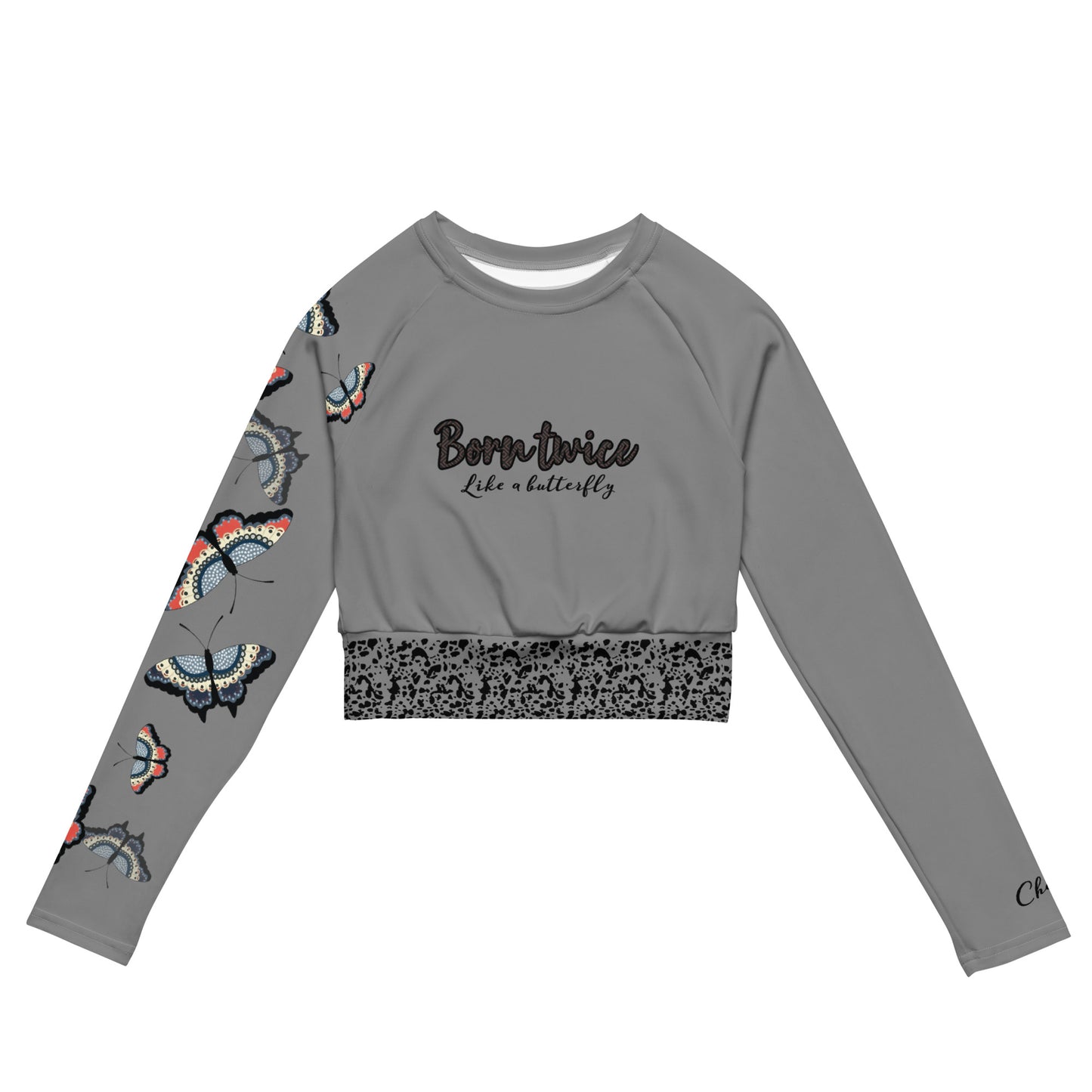 Grey butterflies. Long-sleeve eco crop top.