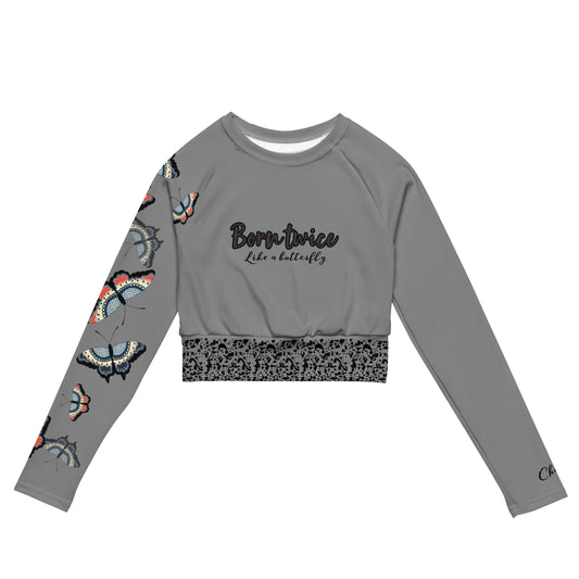 Grey butterflies. Long-sleeve eco crop top.