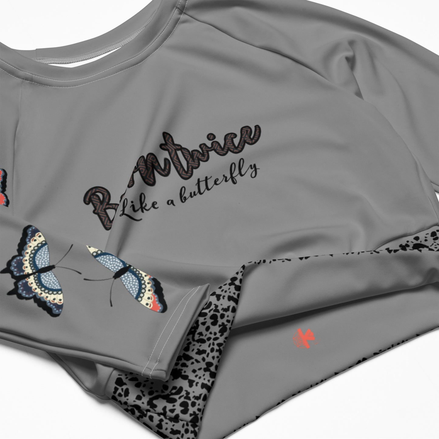 Grey butterflies. Long-sleeve eco crop top.