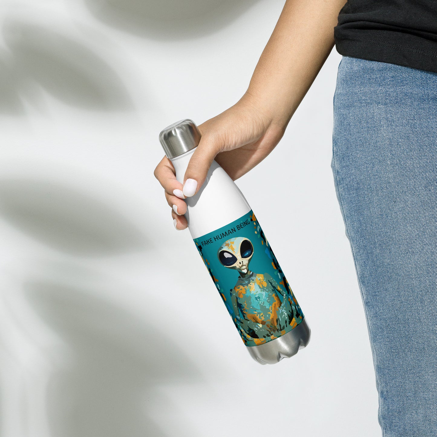 OUT OF SPACE. Stainless steel water bottle 500ml. FAKE HuMAN BEING.